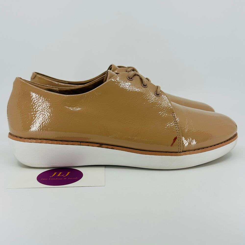 FitFlop Women's Derby Crinkle Beige Patent Lace Up Comfort Shoes N50-076 Size 8